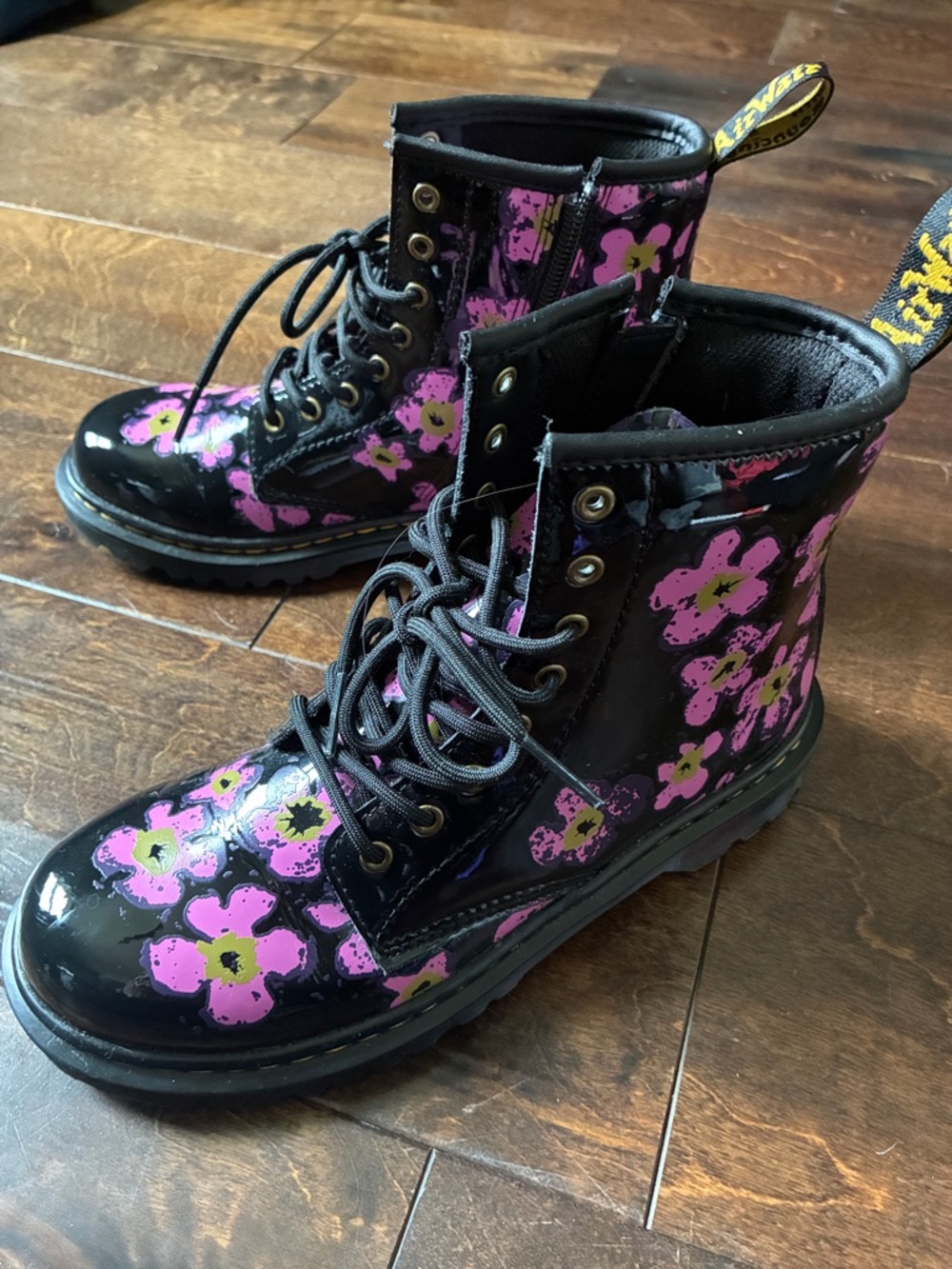 Dr. Martens Black Patent Lace-Up Boots with Pink Floral Print